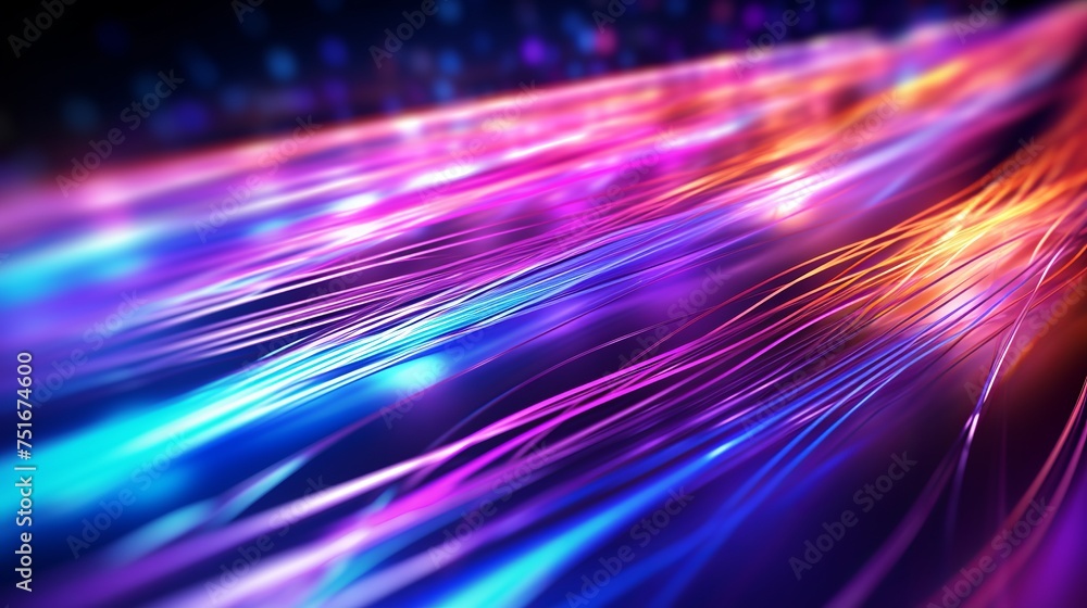 3D illustration showing bright signals transmitting data rapidly, with bundles of abstract fiber optic wires illuminated in neon light, symbolizing high-speed internet connection technology.
