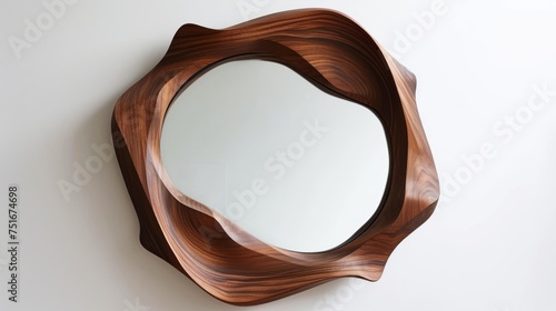 Wooden oval mirror on white background