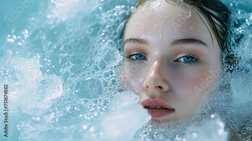 Beautiful woman in water with ice cube