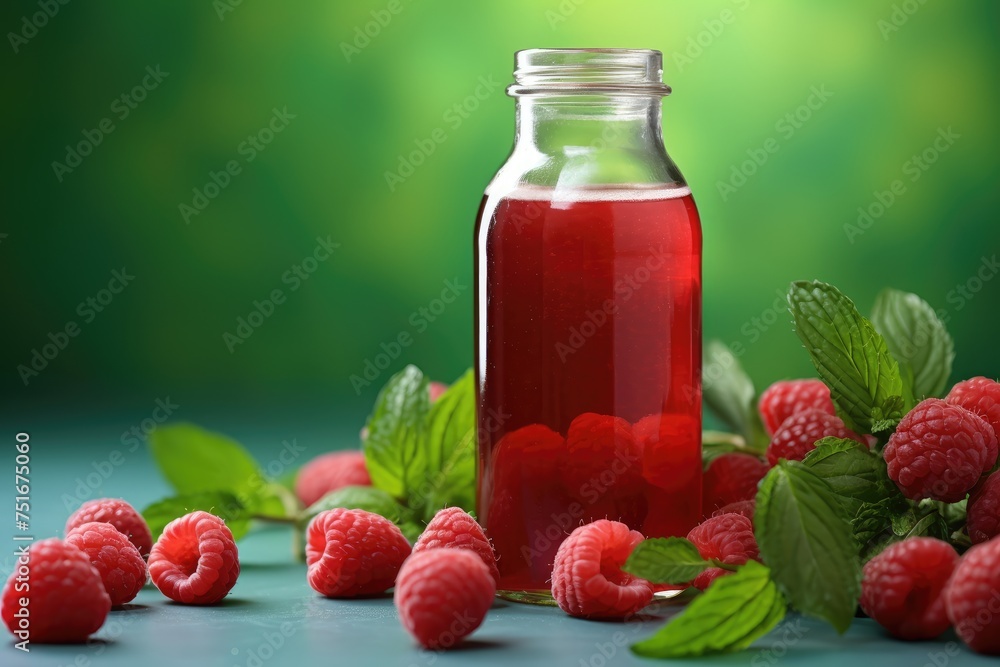 Bottles of fresh raspberry juice and berries lie on a green background isolated Bottles of fresh raspberry juice and berries lie on a green background isolated