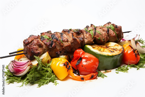 A picturesque scene of a chef expertly skewering marinated lamb and colorful vegetables onto. Ai generated
