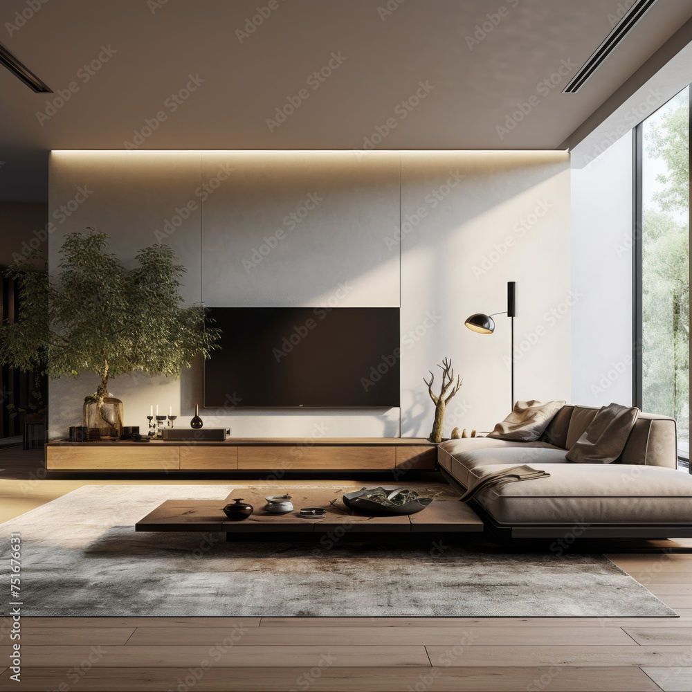 Fototapeta premium A stylish and inviting living room with a sleek media wall, an area rug, and a range of seating options