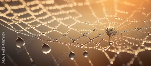 A spider web intricately woven with drops of water glistening in the morning light. The spider is barely visible among the droplets hanging from the silk threads.