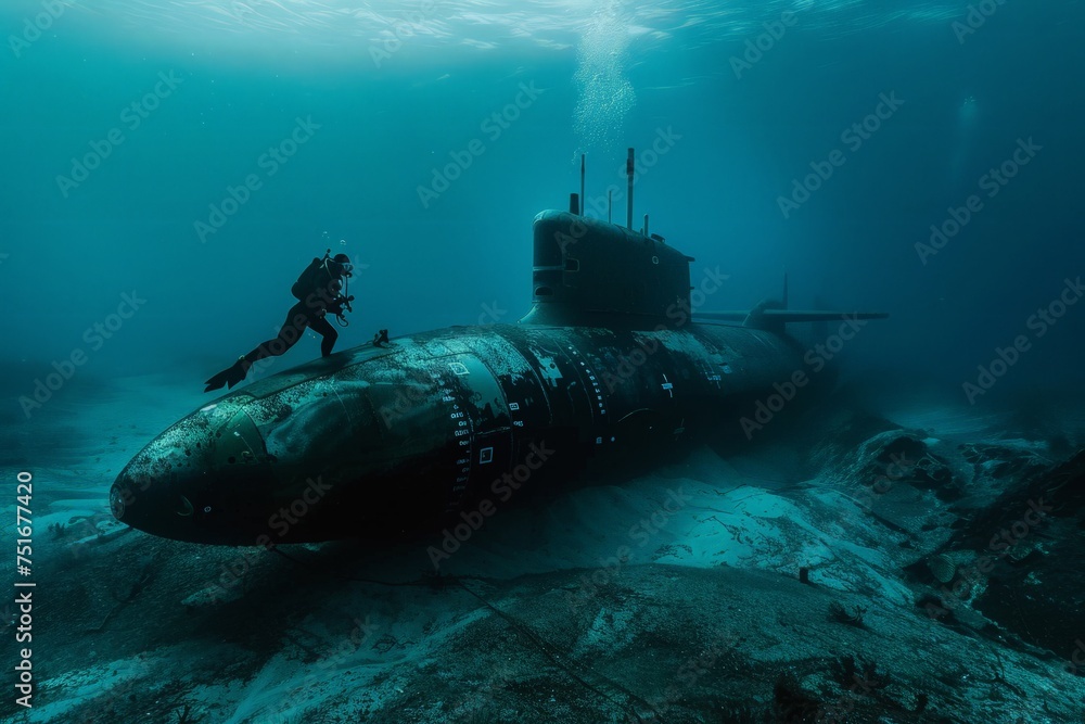 Large Submarine Floating Next to Scuba Diver Large Submarine Floating Next to Scuba Diver
