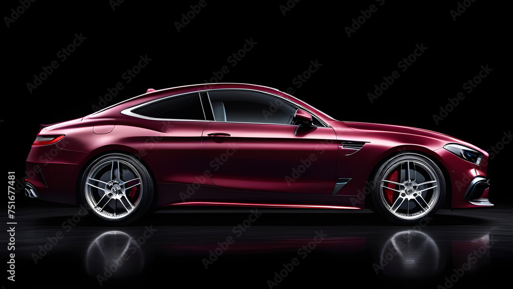 Burgundy car on a black background. Burgundy car on a black background.