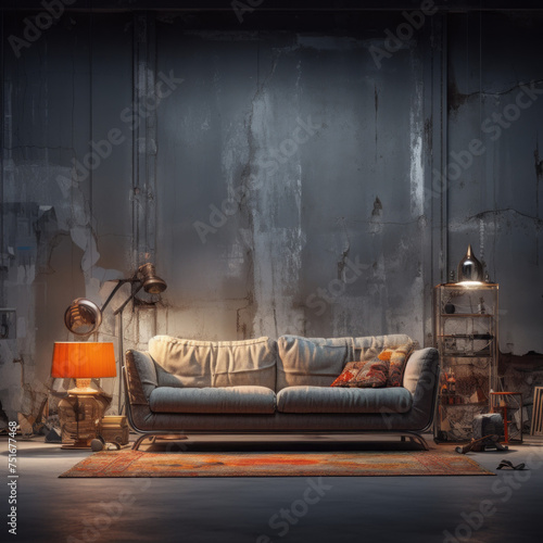 A stylish living room decorated with upcycled lamps and a recycled metal sofa