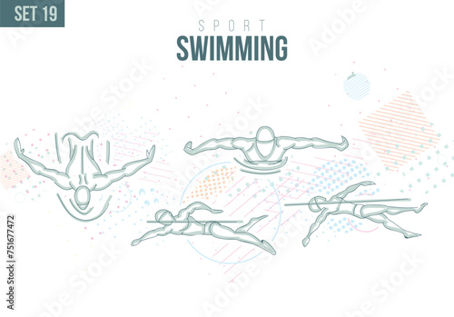 sport Swimmer butterfly swiming style Tournament Summer Games , sports games sport hand-drawn doodles. vector illustration set swimming  game background