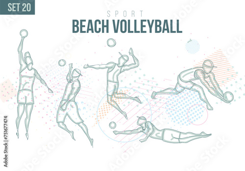 sport volleyball, handball Tournament Summer Games , sports games sport hand-drawn doodles. vector illustration set volley beach game background