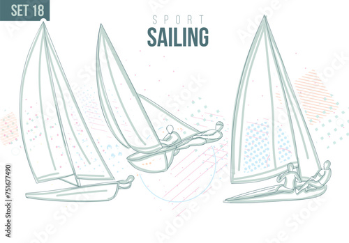 Sailing yacht race sport Tournament Summer Games ,  Yachting games sport hand-drawn doodles. Sailing regatta vector illustration set game background