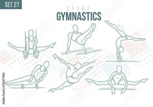 Gymnastics sport Tournament Summer Games   games sport hand-drawn doodles. vector illustration set game background gymnast in gymnastics