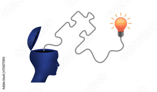 3d head, light bulb, cable, business idea vector design. Business concept design to use in idea, brainstorm, learning, strategy, thinking, inspiration, teamwork projects. 