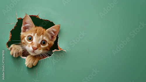 An energetic orange kitten gazes through a ripped green paper, showcasing vitality and mischief