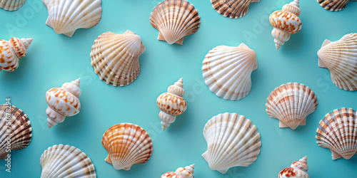 Beautiful seashells collection on a vibrant turquoise background summer vacation concept for design and decoration