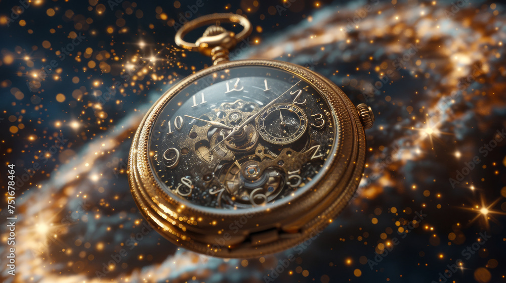 A vintage pocket watch floats in the celestial embrace of the Milky Way