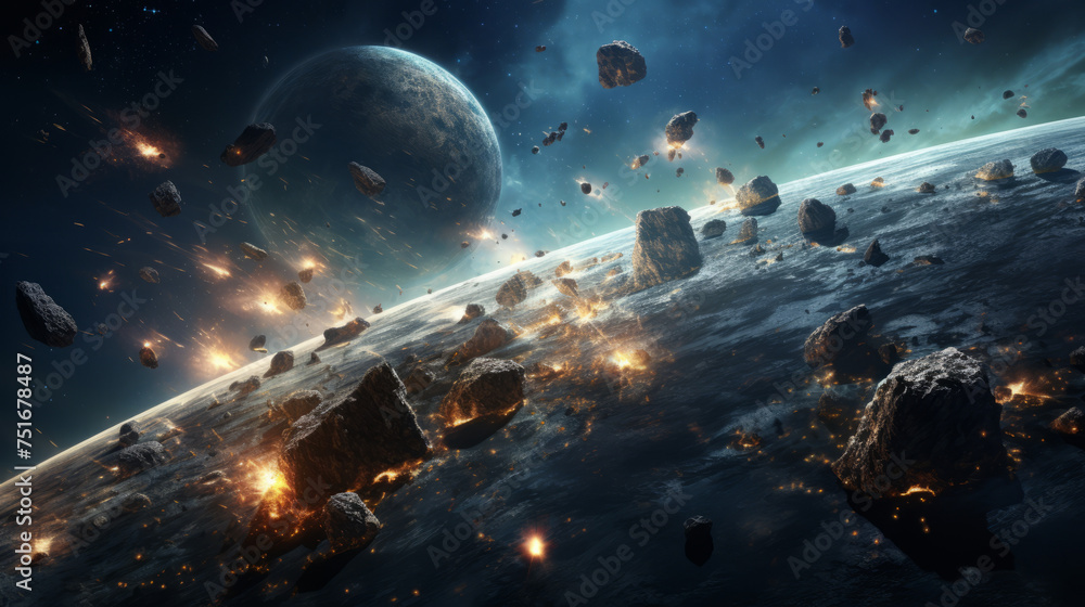 A stunning portrayal of meteors showering across a rocky alien landscape with a large planet horizon