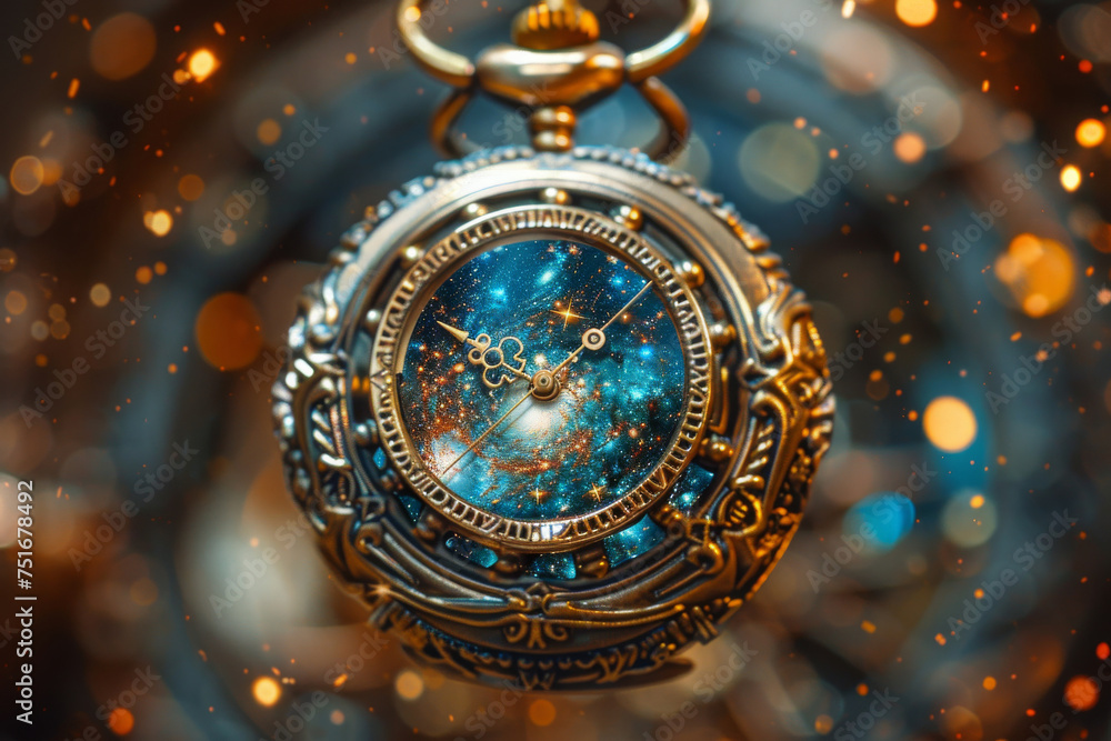 A vintage pocket watch floats in the celestial embrace of the Milky Way