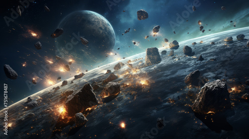 A stunning portrayal of meteors showering across a rocky alien landscape with a large planet horizon photo