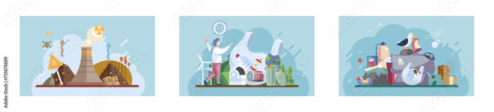 Waste pollution. Vector illustration. Environmental conservation is essential for tackling waste pollution and preserving natural resources Climate change is exacerbated by increasing levels waste Waste pollution. Vector illustration. Environmental conservation is essential for tackling waste pollution and preserving natural resources Climate change is exacerbated by increasing levels waste