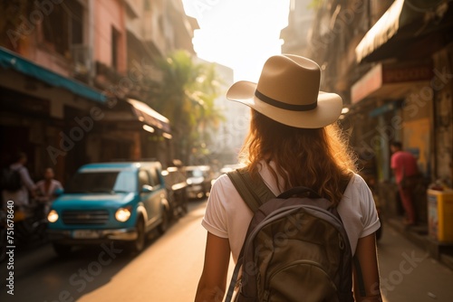 Young woman traveler walking street