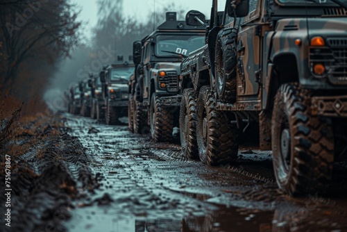 Row of military vehicles lined up on a muddy ground