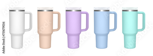 Thermo cup with handle. 3d mockup of a travel thermos. Set of white, beige, violet, green and blue mugs. Tumbler template. Transparent lid