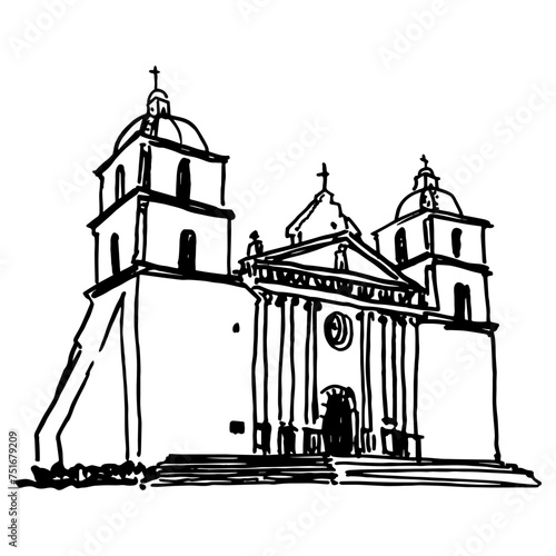 Mission Santa Barbara in California, United States. Misión de Santa Bárbara. Hand drawn linear doodle rough sketch. Black and white silhouette.