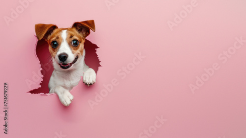 A single dog paw is creatively presented through a cheeky torn hole in pink paper © Fxquadro