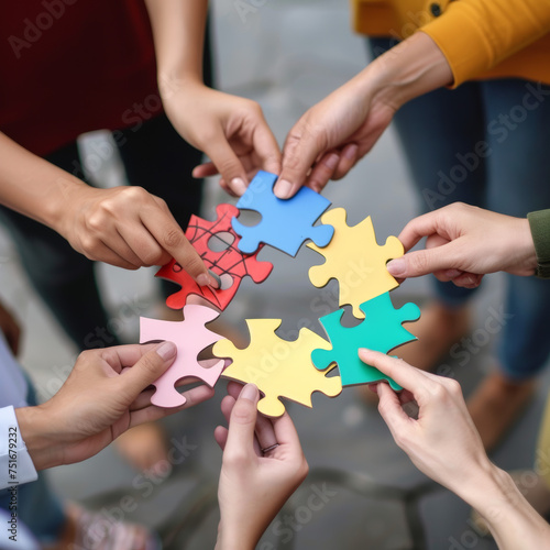 Collaborative effort: Individuals assembling puzzle pieces, hands in close-up, captured from above.