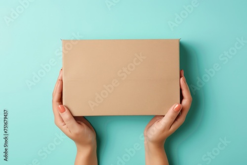 Two hands are shown holding a cardboard box against a blue background. The hands appear to be securely gripping the box, which is of a standard size and shape. © pham
