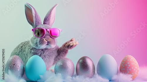 Easter bunny wearing sunglasses and colourful Easter eggs on gradient pink background