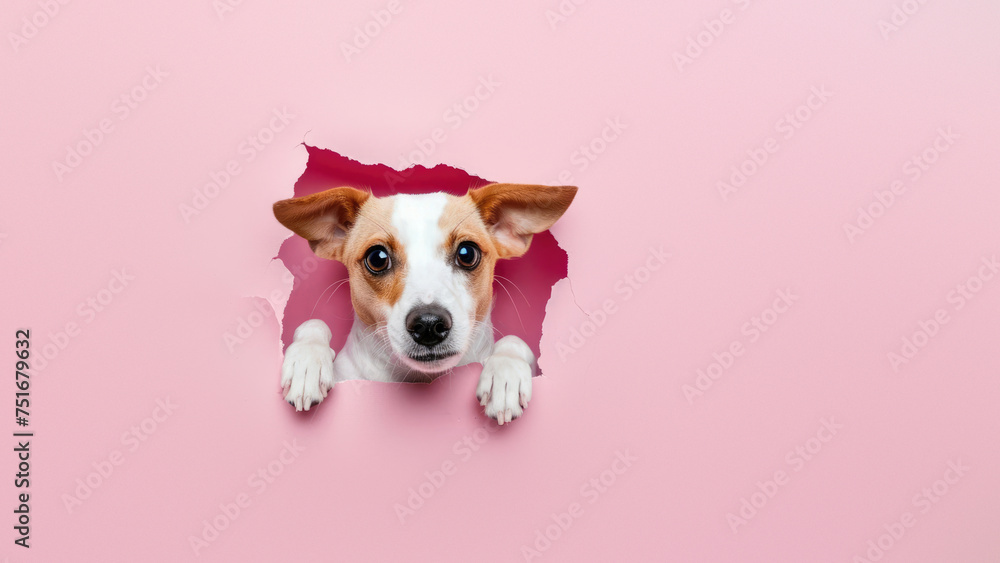 A cheerful beagle-like dog peeking from a hole in pink paper represents curiosity and playfulness