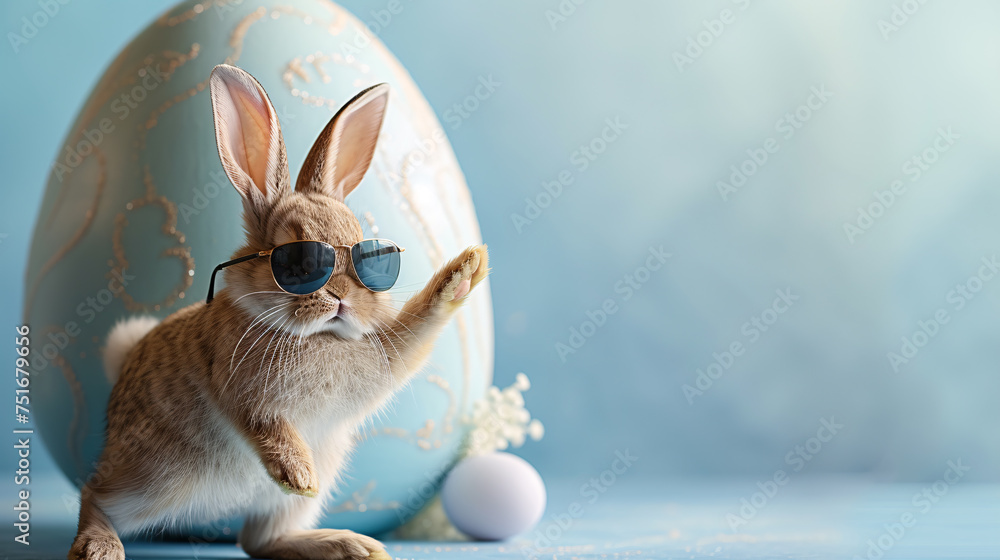 Easter bunny wearing sunglasses with Easter eggs on blue background. - obrazy, fototapety, plakaty 
