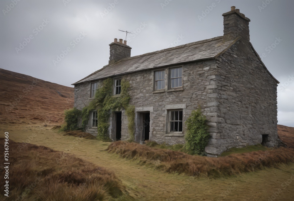Fototapeta premium Old stone private house in a secluded location, scenic spots, daytime, vintage, abandoned