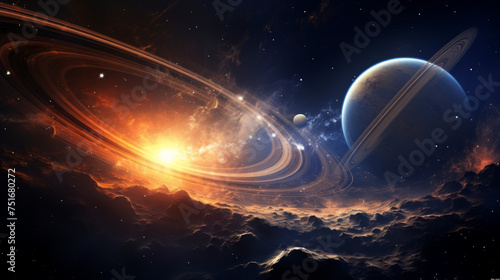 A mesmerizing space illustration featuring a ringed planet with a companion moon against a brilliant nebula, symbolizing the majesty of the cosmos photo