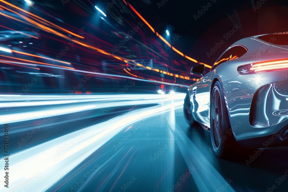 A sleek white sports car races down a bustling city street, surrounded by tall buildings and busy pedestrians. The cars speed and modern design stand out against the urban backdrop.