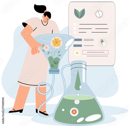 Natural medicine concept with pharmacist examines plants in test tubes. Scientist preparing herbal remedy to patient. Doctor develops ayurvedic homeopathic drugs of plants and herbal Ingredients