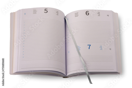 Open diary with satin ribbon page marker, Agenda pages with Friday, Saturday and Sunday, open organizer isolated