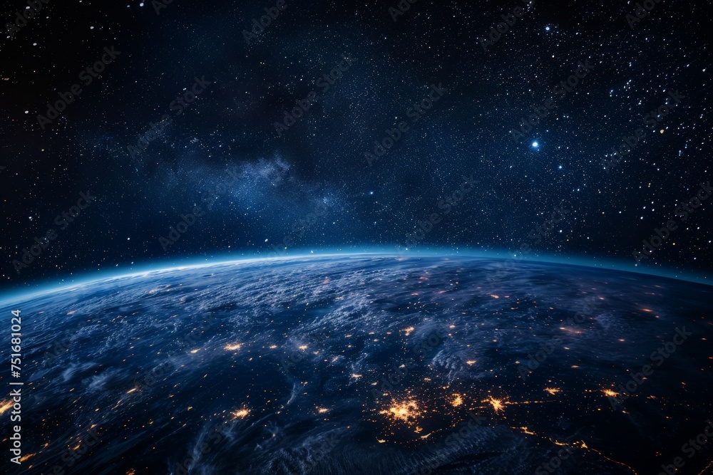 Fototapeta premium In the darkness of space, the illuminated continents and city lights on Earth are visible. The planet appears as a vibrant, glowing sphere against the black backdrop of space.