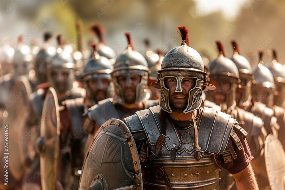 Atmospheric scene showing Roman legionnaires in tight formation, armed and ready for battle under a hazy sky Atmospheric scene showing Roman legionnaires in tight formation, armed and ready for battle under a hazy sky