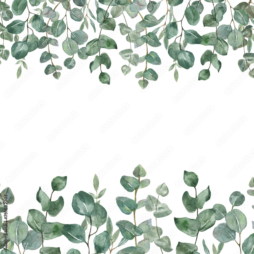 Watercolor green eucalyptus leaf banner card for cards, wedding invitations, and posters