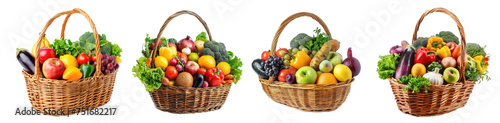 Set Assorted organic vegetables and fruits in wicker basket