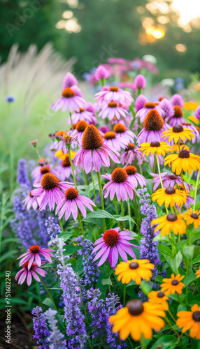 Vibrant Echinacea Flowers,Lupines and other flowers in Summer Bloom garden.Floral landscape design. Blooming garden.