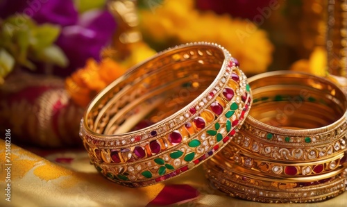 indian  designer antique golden bracelets for woman  with decorate background.