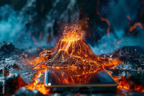 a phone with a volcano erupting