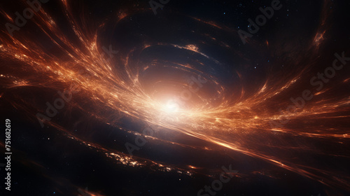 An artist's vision of a fiery cosmic whirlpool with a luminous core surrounded by swirling layers of fiery dust and stars