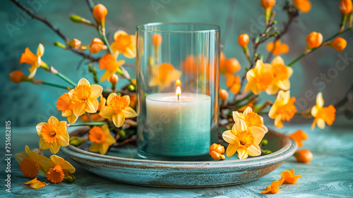 Composition with Scented Candle in Bowl Surrounded by Yellow Daffodils Flowers and Spring Blossom Twigs.Celebration spring holiday Easter, Spring Equinox