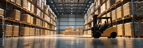 A generously sized warehouse featuring towering racks and pallets stacked with boxes, wrapped in polyethylene stretch film. Forklift facilitates efficient movement and organization within space.