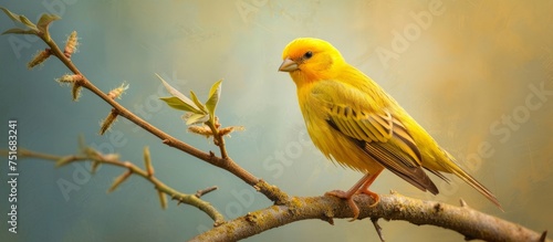 Beautiful yellow bird gracefully perched on a delicate tree branch in the morning light