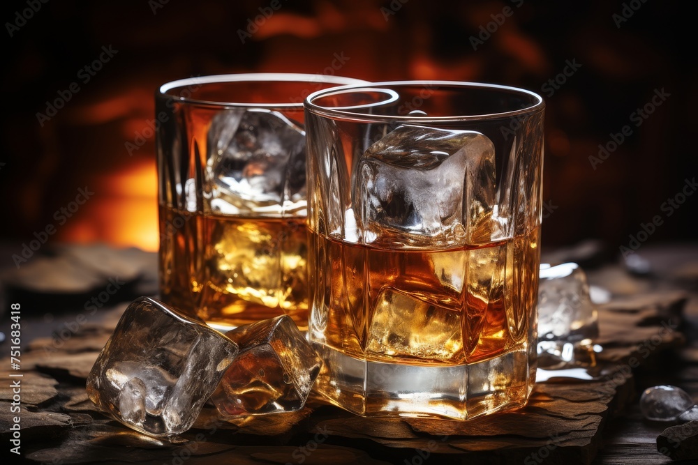 Whiskey on rustic background with ice cubes and selective focus for brandy or spirits concept Whiskey on rustic background with ice cubes and selective focus for brandy or spirits concept