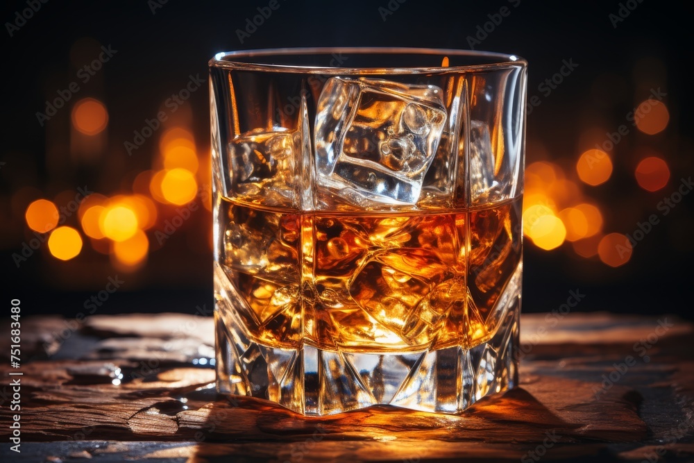 Selective focus of whiskey with ice on rustic background, perfect for whiskey or brandy concept Selective focus of whiskey with ice on rustic background, perfect for whiskey or brandy concept